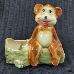 Shawnee American Bisque Pottery Anthropomorphic Happy Bear Log Planter 40s VTG